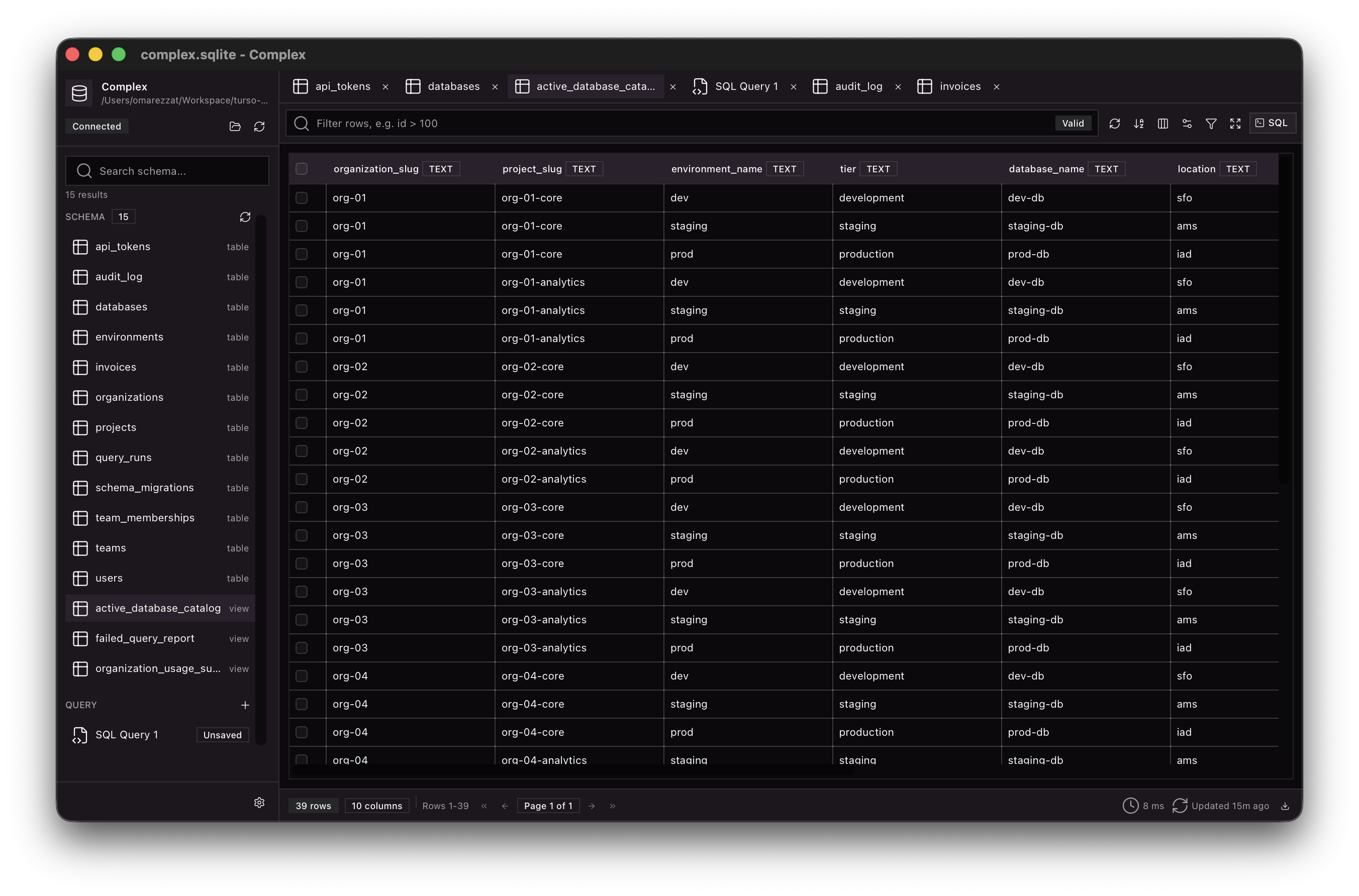 RowDeck database window showing schema navigation and table data