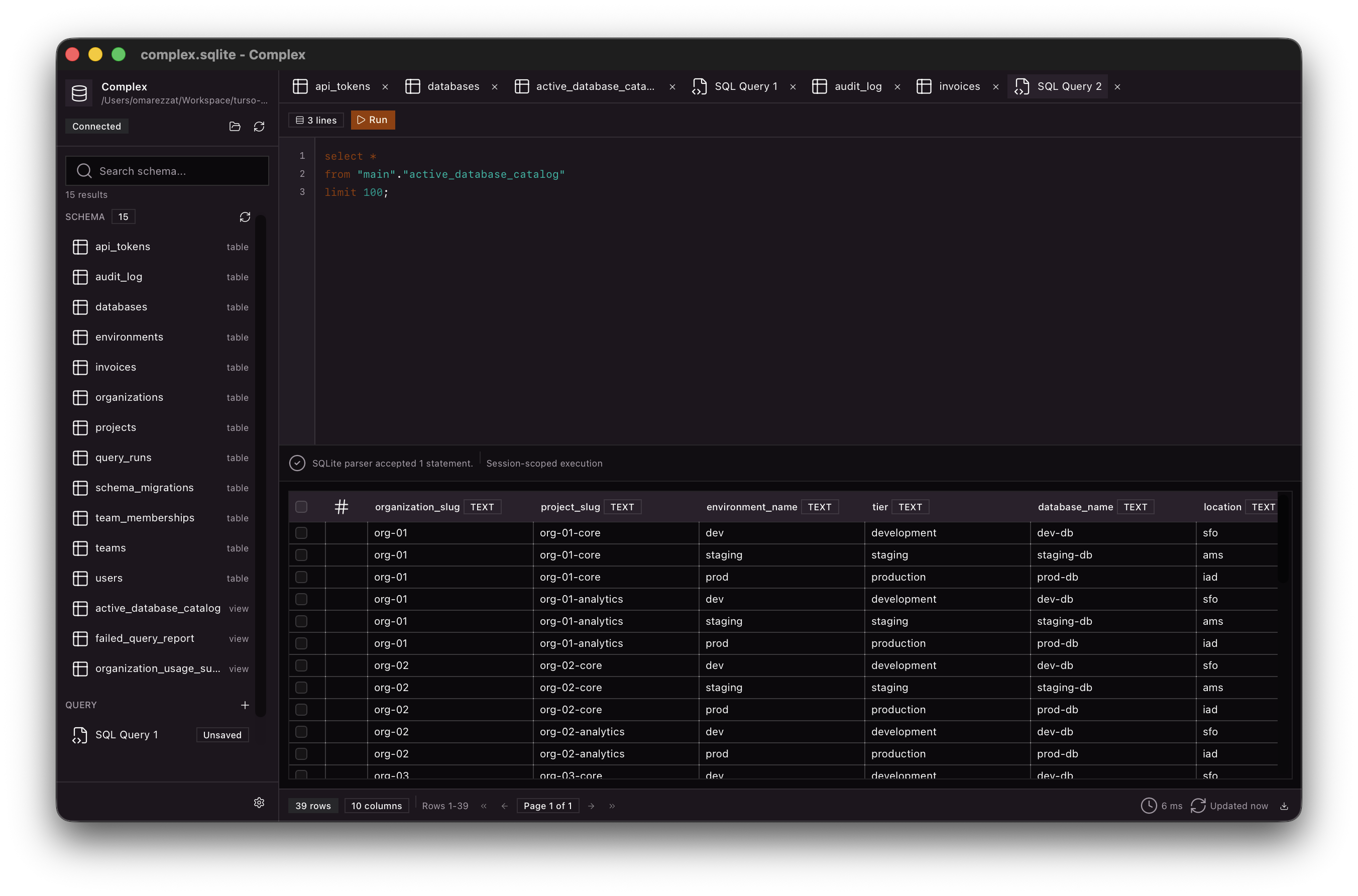 RowDeck SQL query editor with result rows and execution metadata