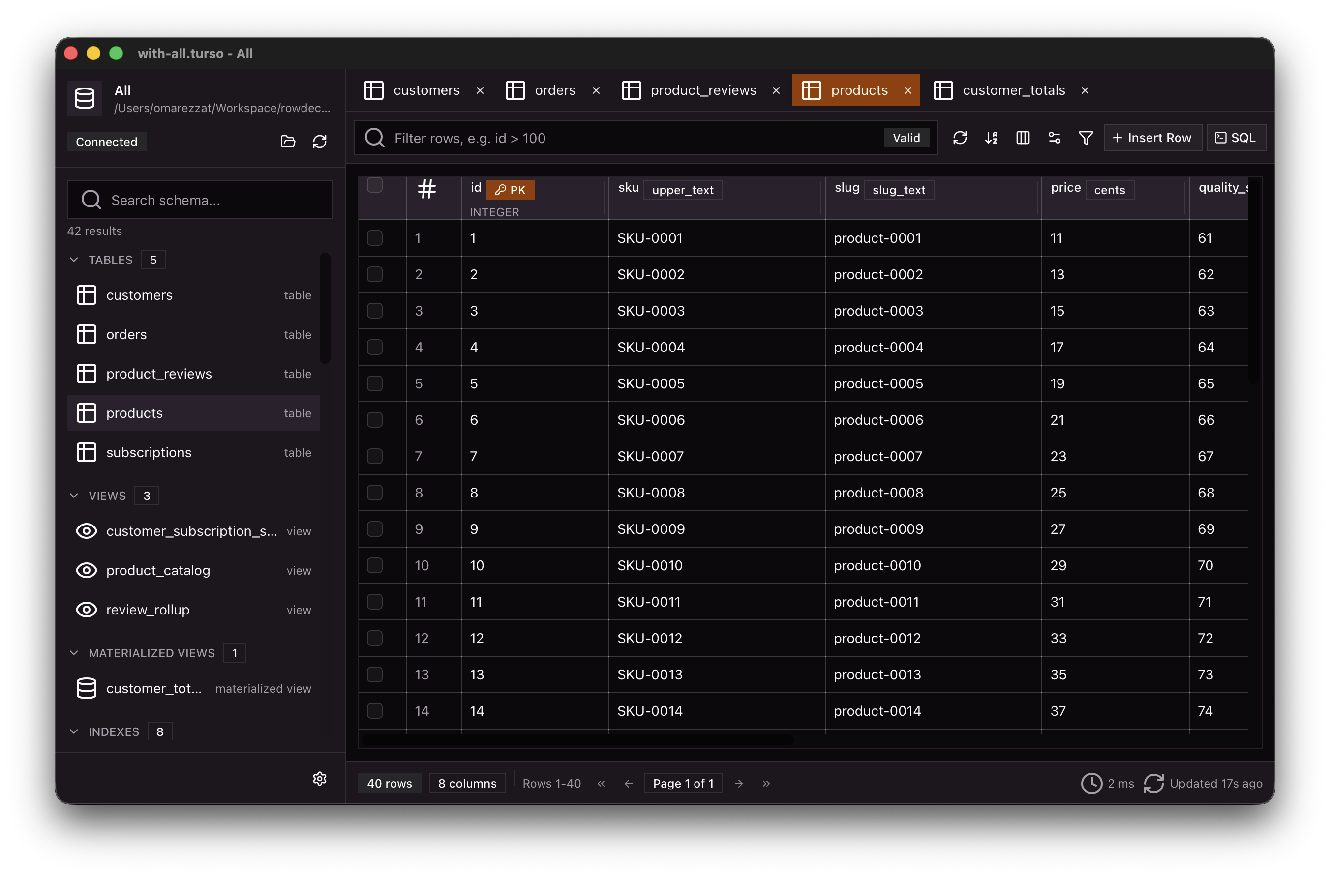 RowDeck table browsing window with local Turso schema and rows